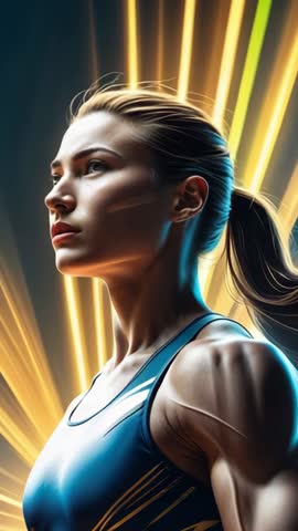 Female Athlete Standing Strong with Pulsing Light Beams in Vertical Performance Video
