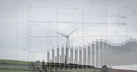 Wind Turbine Showing Renewable Energy Bar Chart Overlay on Rural Farmland Landscape