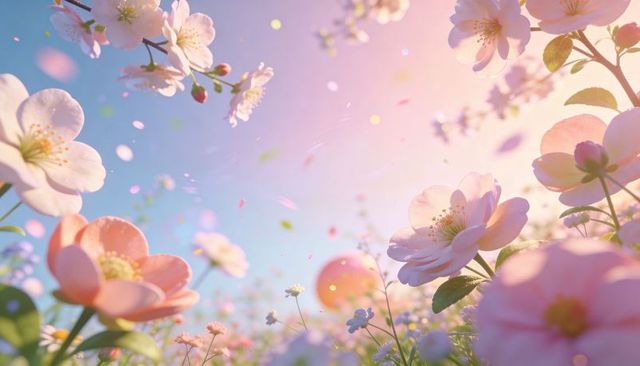 Sunlit pink and white wildflowers swaying in breezy meadow with floating petals, soft bokeh