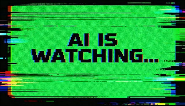 Glitched neon crt screen displaying ai is watching warning with retro pixel distortion