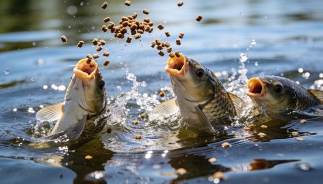 Common carp gulping pellets at pond surface, splashing water and sunlight bokeh