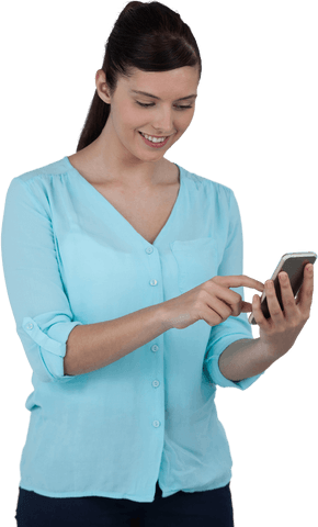 Smiling Woman in Light Blue Shirt Using Smartphone with Transparent Background - Download Free Stock Videos Pikwizard.com