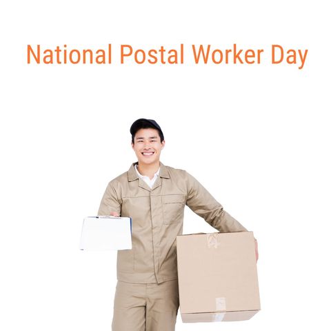 smiling delivery person holding package and clipboard - Download Free Stock Templates Pikwizard.com