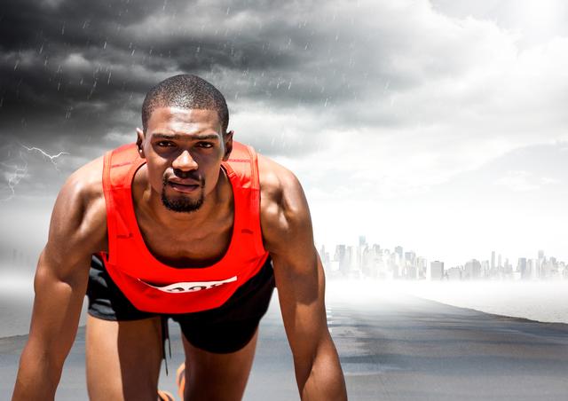 Digital composite of Male runner on road against blurry skyline and storm