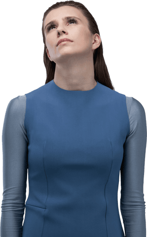 Transparent Woman in Thoughtful Upward Gesture