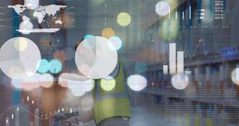 Warehouse Worker Analyzing Data with Global Interface Overlay