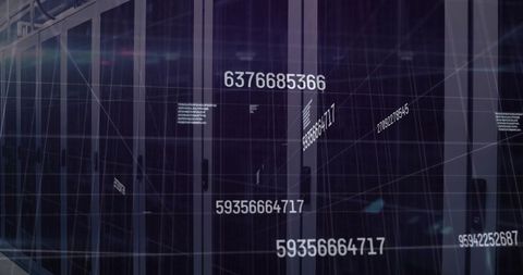 Showing server racks with floating data overlays and numeric code stream in data center