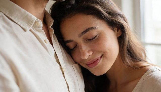 Woman resting against partner's chest, leaning close with serene smile in natural light