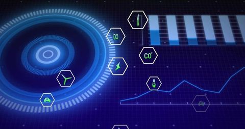 Futuristic Energy Analytics HUD with Circular Hologram, Hex Icons, Emissions and Line Graph