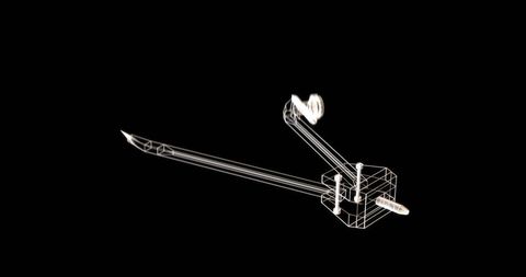 Digital wireframe compass symbol on black background