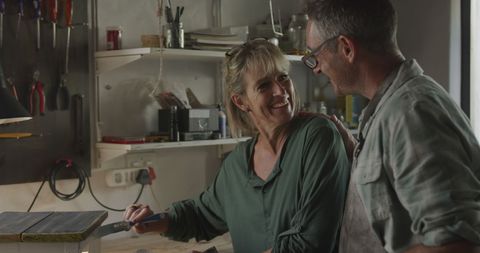 Caucasian Couple Bonding While Upcycling Chair in Home Workshop - Download Free Stock Images Pikwizard.com