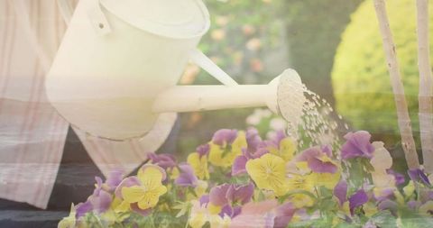 Gardener Watering Vibrant Pansies with White Watering Can
