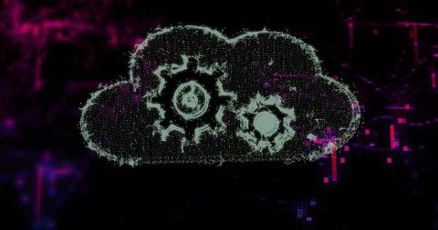 Neon cloud computing concept with glitching cogs, digital circuitry and streaming data flow