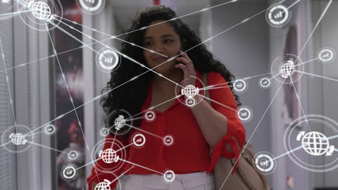 Businesswoman Networking in Office with Digital Interface Overlay