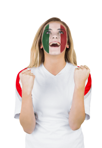 Excited Fan with Italy Flag Face Paint on Transparent Background