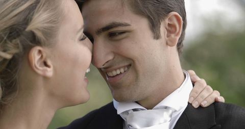 Happy Bride and Groom Smiling on Wedding Day Outdoor - Download Free Stock Images Pikwizard.com