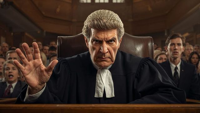 Stern judge raising left hand presiding over courtroom bench conveying authority and justice