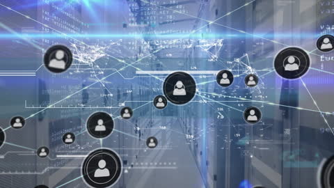 Digital Network Connections Over Server Room with Data Processing