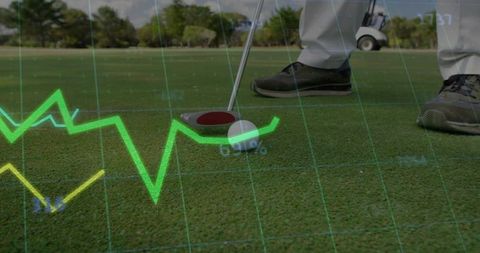 Golfer lining up putt on green with performance analytics overlay for precision putting