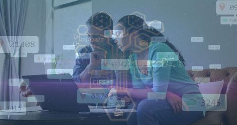 Couple communicating using digital data overlays in modern living room