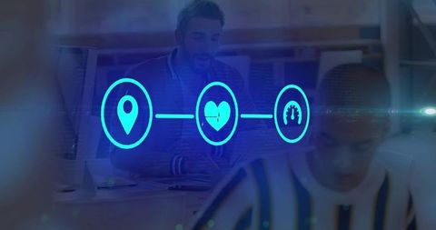 Cyan digital icons tracking location heart rate performance over blurred office teamwork