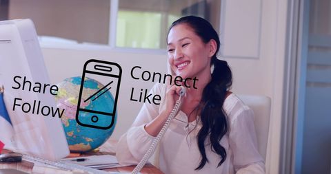 Smiling Woman Engaging in Digital Communication for Global Business