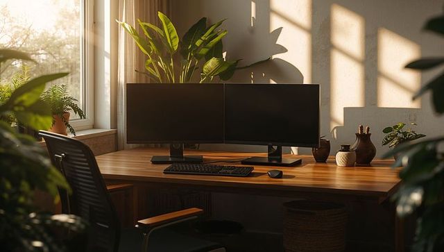 Stylish home office desk with dual monitors and greenery