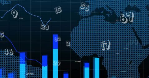 Displaying neon data visualization dashboard with bar and line charts over africa map