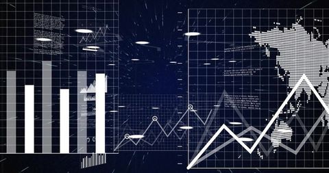 Displaying Futuristic Data Dashboard with Bar Charts, Line Graphs and Dotted World Map