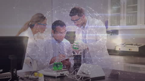 Scientists Collaborating in Laboratory with Digital Technology Overlay