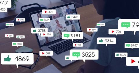 Woman watching laptop surrounded by social media engagement bubbles during virtual meeting