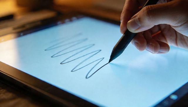 Hand Drawing Zigzag Line with Stylus on Backlit Tablet Screen Close-up at Warm Wooden Desk