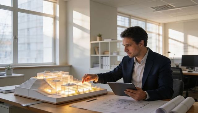 Architect examining illuminated scale model with tablet at modern office desk