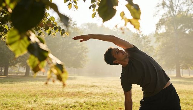 Young man stretching in sunlit park mist under tree branches during morning workout