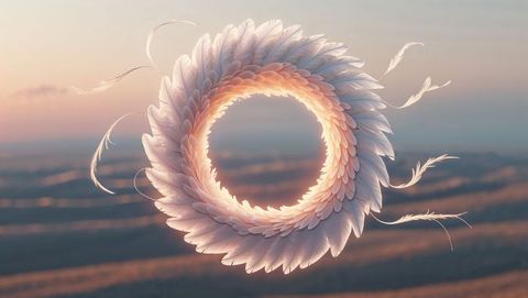 Dreamy feather ring floating over serene desert at dawn
