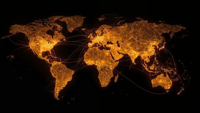 Glowing amber world network map showing city nodes and intercontinental data routes