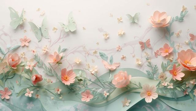 Pastel paper-cut floral mural featuring peach roses, butterflies, mint wave backdrop