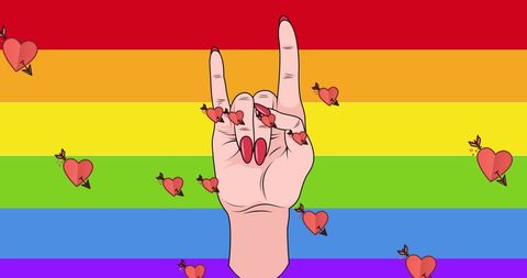 Pride Sign Hand Gesture with Hearts on Rainbow Background - Download Free Stock Images Pikwizard.com