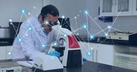 Scientist Analyzing Under Microscope with Network Graphics Overlay ...