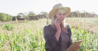 Image of happy caucasian woman using tablet and smartphone in field on ...
